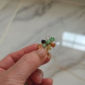 Antique 14K Multi Color JADE Green and Orange Clover Ring with Dainty Design